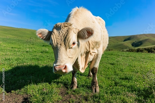 A stunning close-up of a Cachena cow grazing in a lush green pasture, surrounded by rolling hills under a bright blue sky, with the cowa??s distinct coat shining in the sunlight. photo