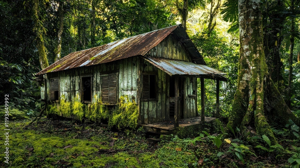 Abandoned rustic wooden cabin overgrown with moss and vines in a lush green jungle. Abandoned rustic wooden cabin overgrown with moss and vines in a lush green jungle.