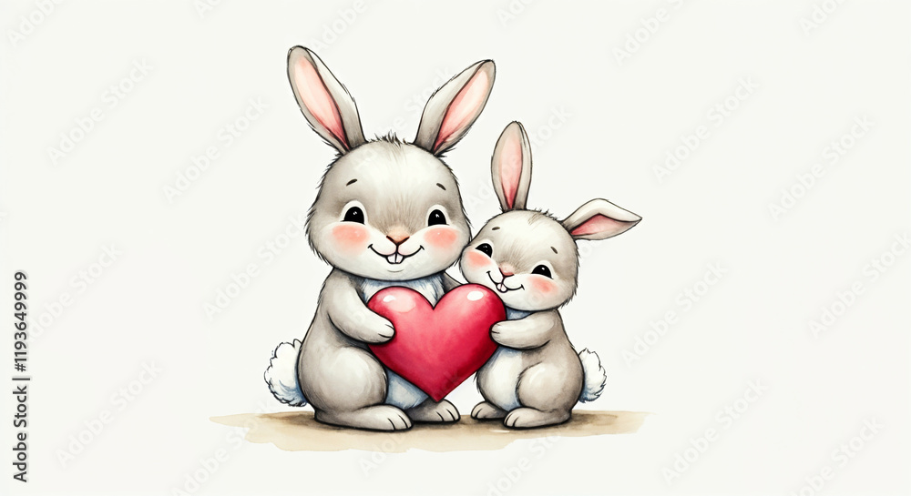 Obraz premium Two adorable rabbits embracing a red heart, symbolizing love, affection, and togetherness