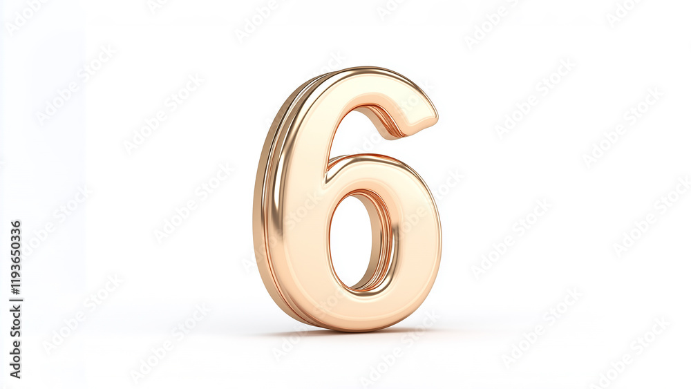 Pale golden number 6, glossy and shiny 3D rendered metallic number shape isolated on white background Pale golden number 6, glossy and shiny 3D rendered metallic number shape isolated on white background