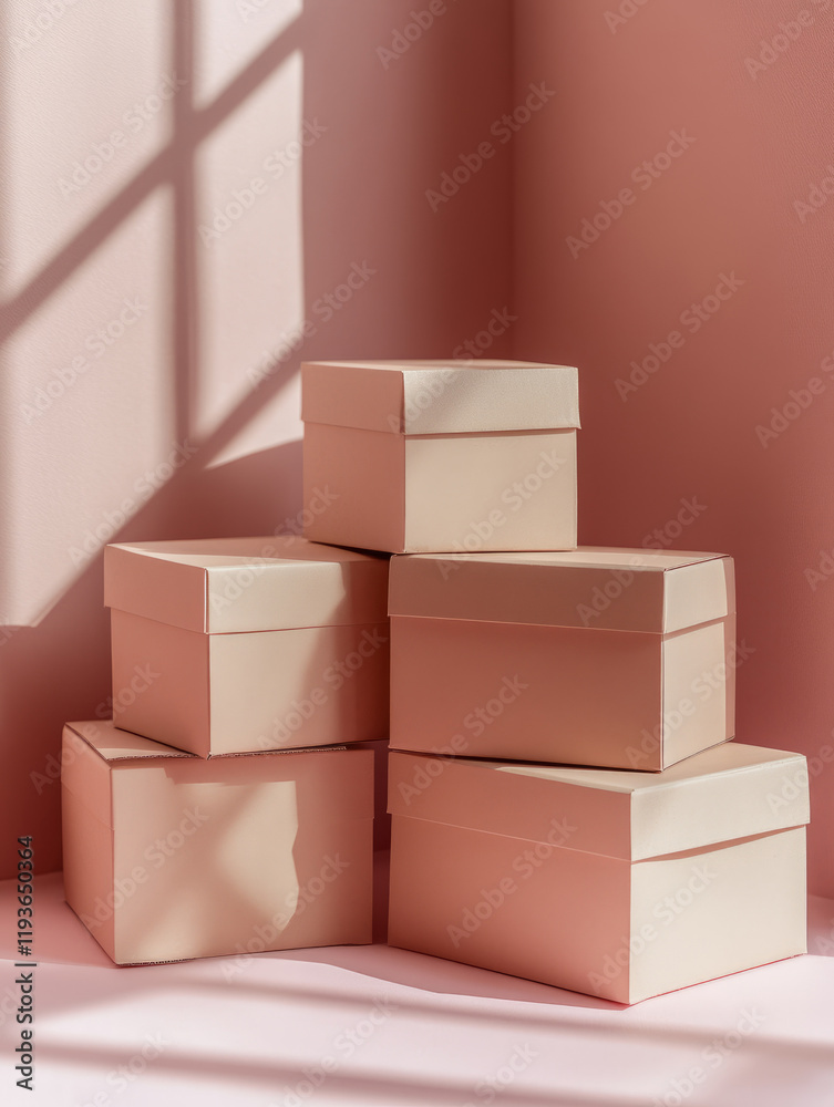 Obraz premium Stacked beige boxes on pink background with shadows.