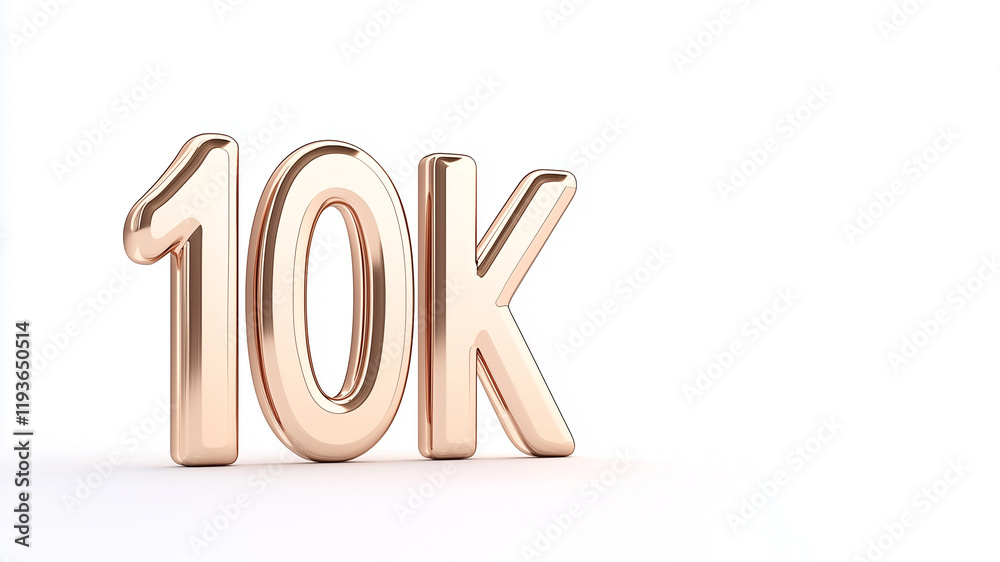 Pale golden number 10k, glossy and shiny 3D rendered metallic number shape isolated on white background Pale golden number 10k, glossy and shiny 3D rendered metallic number shape isolated on white background