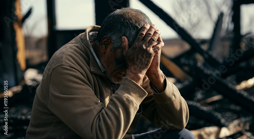Devastated farmer suffering loss after barn fire, covering face in despair and contemplating charred remains