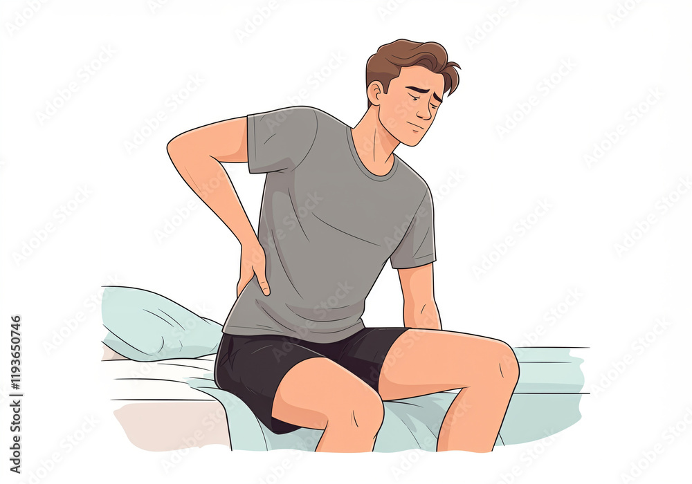 Man suffering from backache, sitting on bed and touching his back