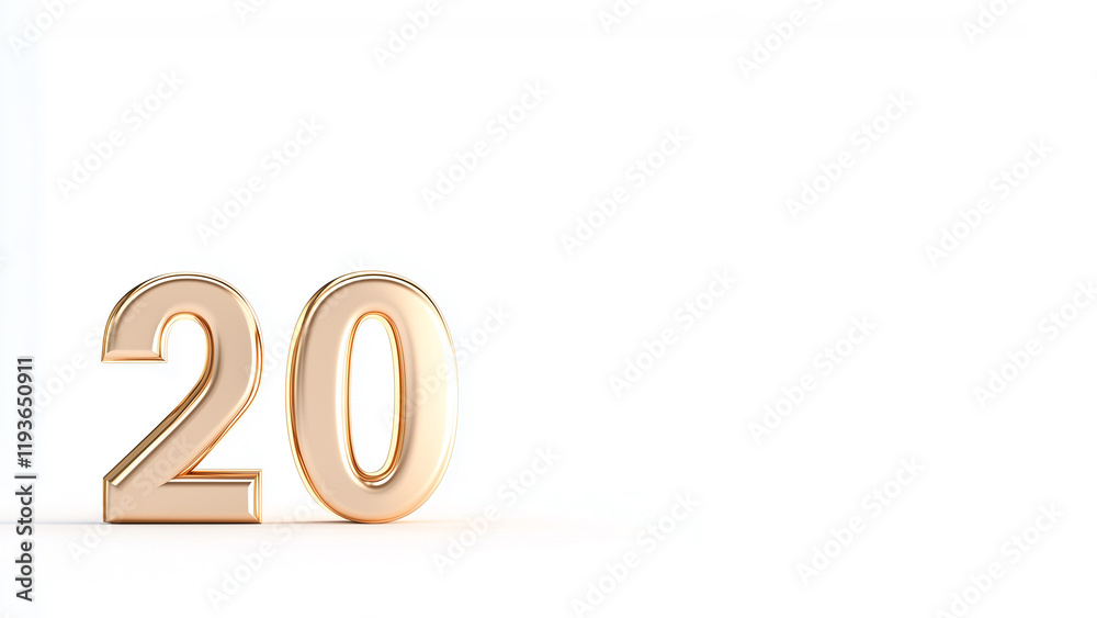 Pale golden number 20, glossy and shiny 3D rendered metallic number shape isolated on white background Pale golden number 20, glossy and shiny 3D rendered metallic number shape isolated on white background