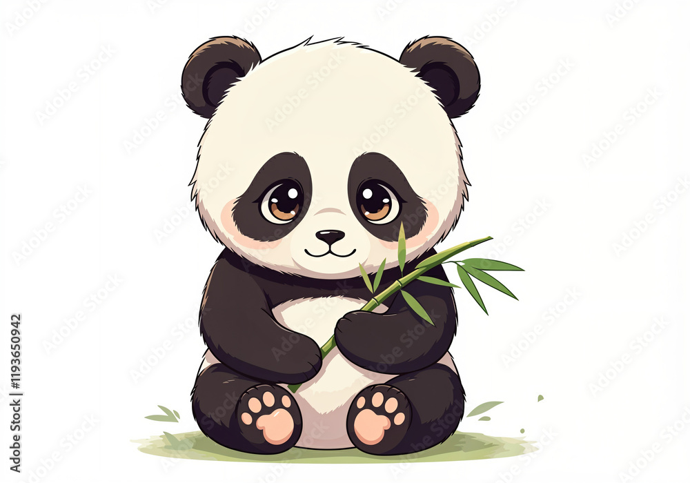 Fototapeta premium Cute cartoon baby panda sitting and holding a bamboo branch, perfect for children's designs