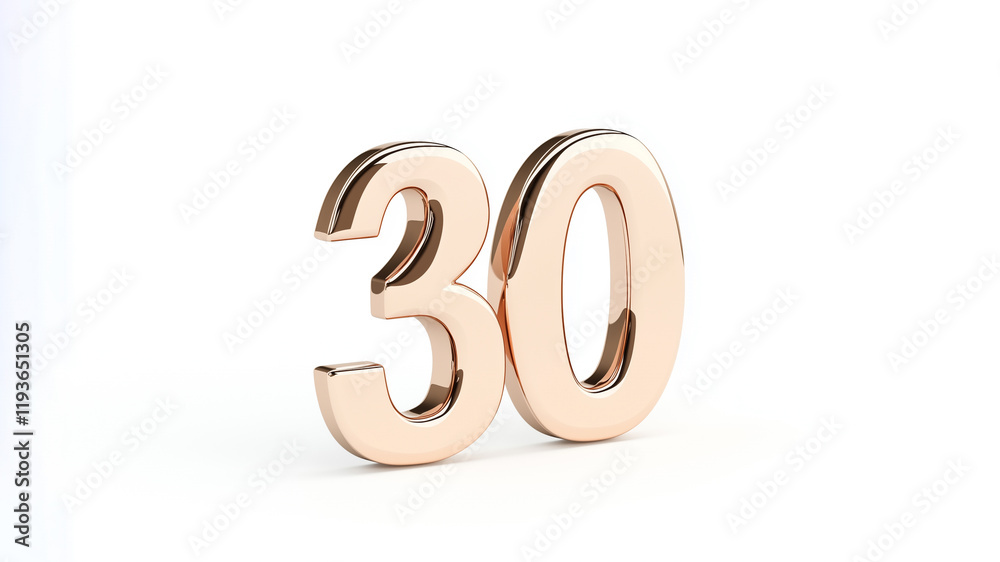 Pale golden number 30, glossy and shiny 3D rendered metallic number shape isolated on white background Pale golden number 30, glossy and shiny 3D rendered metallic number shape isolated on white background