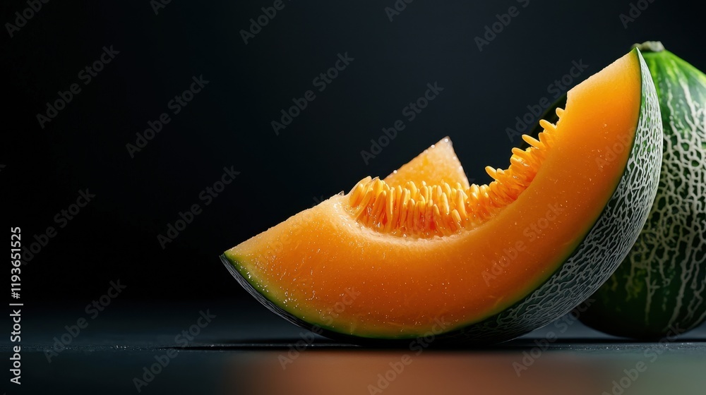 A slice of cantaloupe is shown on a black background A slice of cantaloupe is shown on a black background