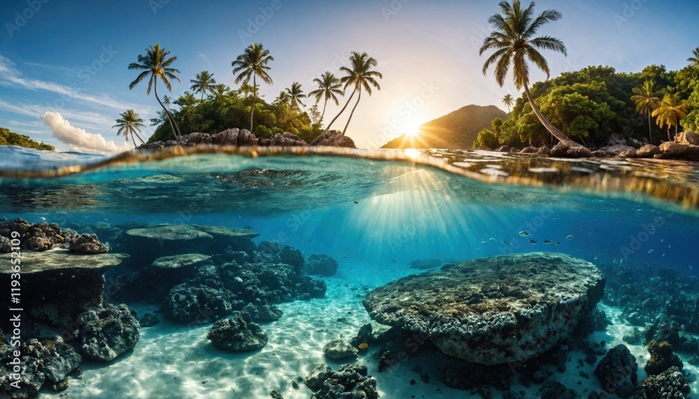 Underwater scene of a tropical island at sunset, with rocks and palm trees Underwater scene of a tropical island at sunset, with rocks and palm trees