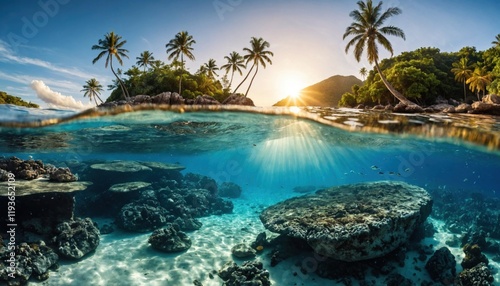 Underwater scene of a tropical island at sunset, with rocks and palm trees