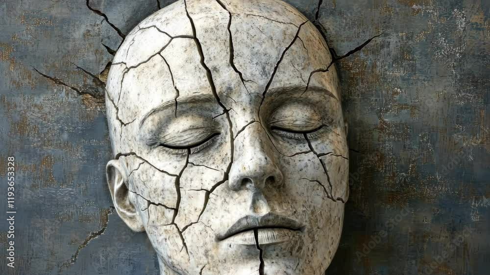 Cracked statue with serene expression set against a distressed wall showcasing emotional turmoil and fragility Cracked statue with serene expression set against a distressed wall showcasing emotional turmoil and fragility