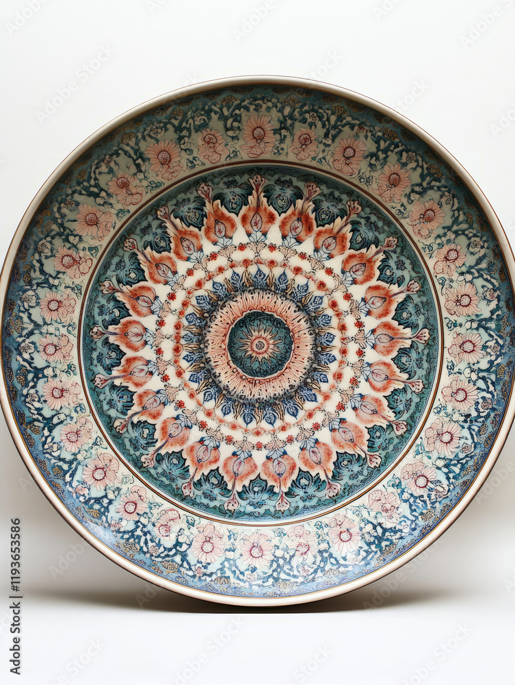 Ornate ceramic plate with intricate mandala design. Ornate ceramic plate with intricate mandala design.