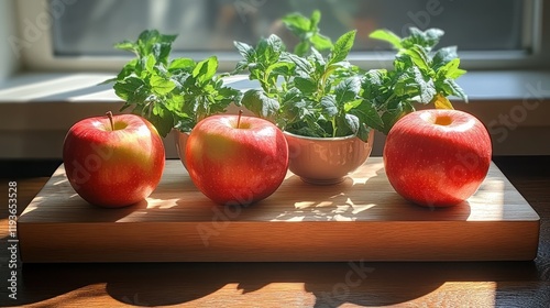 Apples, mint by sunny window on wooden board. photo