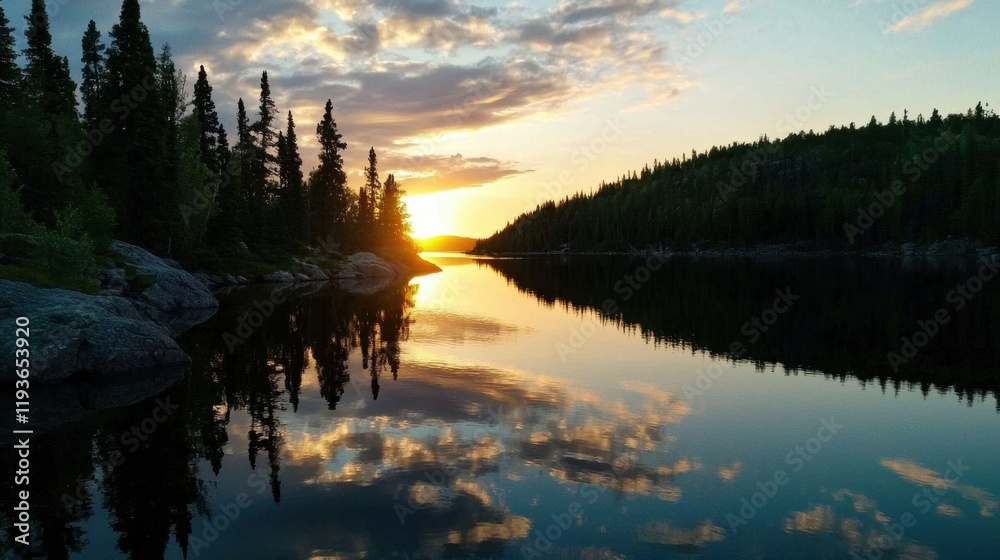 Fototapeta premium A beautiful sunset over a lake with trees in the background