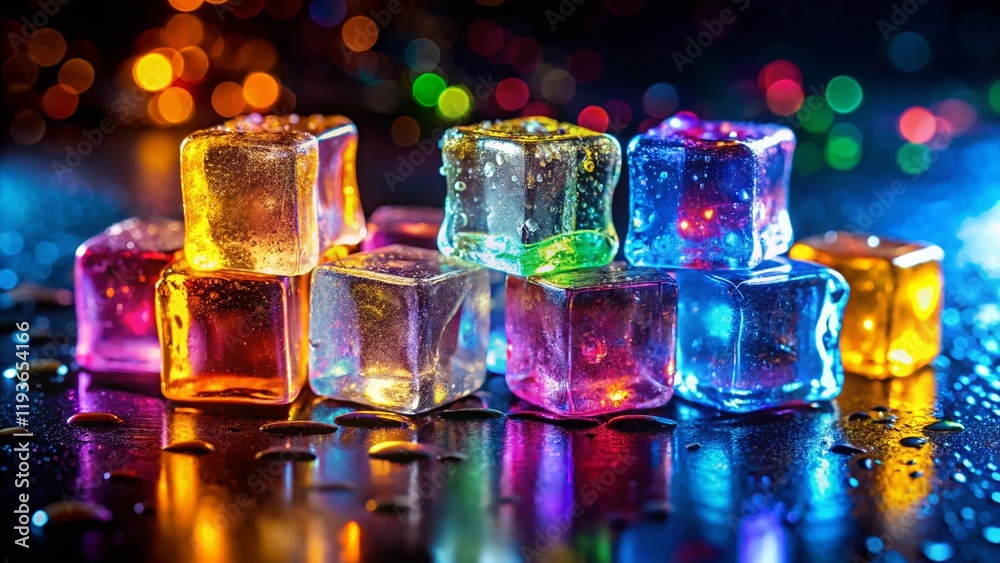 Nine Colorful Ice Cubes with Bokeh, Black Background - Vibrant Stock Photo Nine Colorful Ice Cubes with Bokeh, Black Background - Vibrant Stock Photo