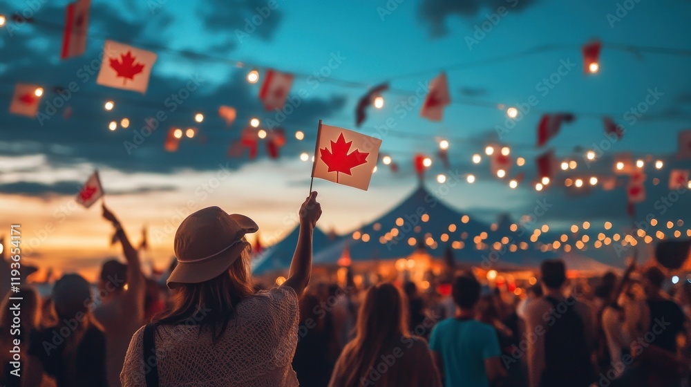 Obraz premium Celebrating Canada Day with flags, lights, and crowds at sunset outdoors