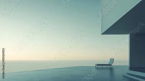 A minimalist architectural scene depicting a modern patio with sleek, contemporary furniture framed against an expansive view of the sky and subtle horizon. photo