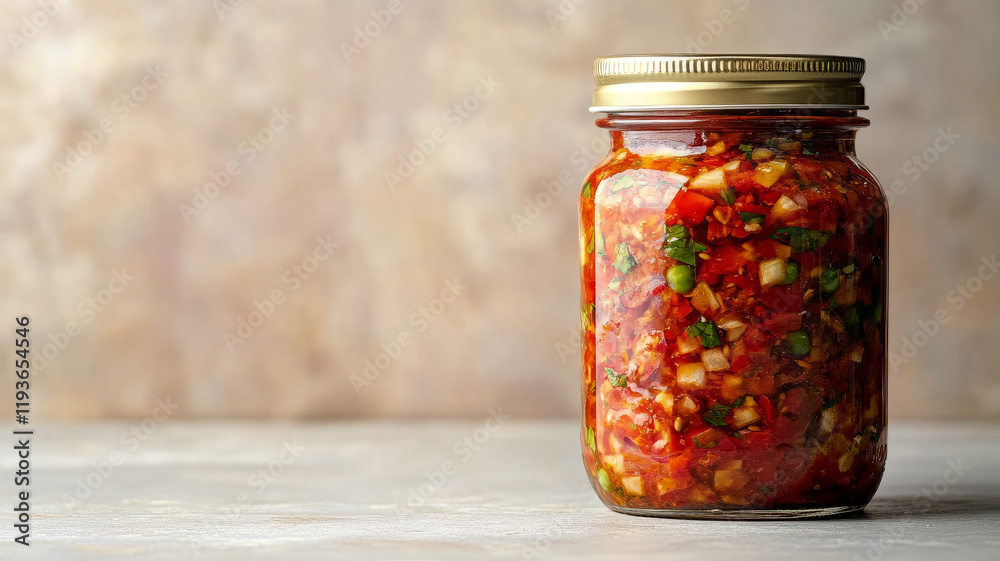 Jar of kimchi against a neutral background. Jar of kimchi against a neutral background.