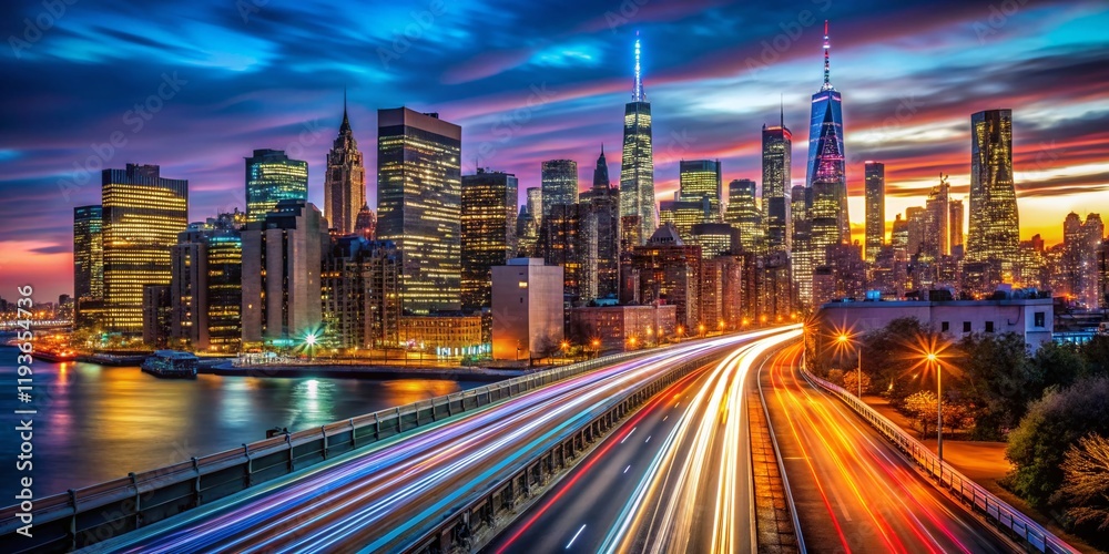Fototapeta premium NYC Night Lights Long Exposure, Blurred Cityscape, Urban Photography