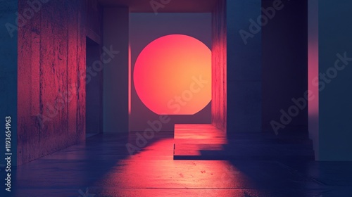 An architectural hallway features a glowing red circle, casting reflections on sleek surfaces. This abstract piece invites exploration of light, shadow, and geometry. photo