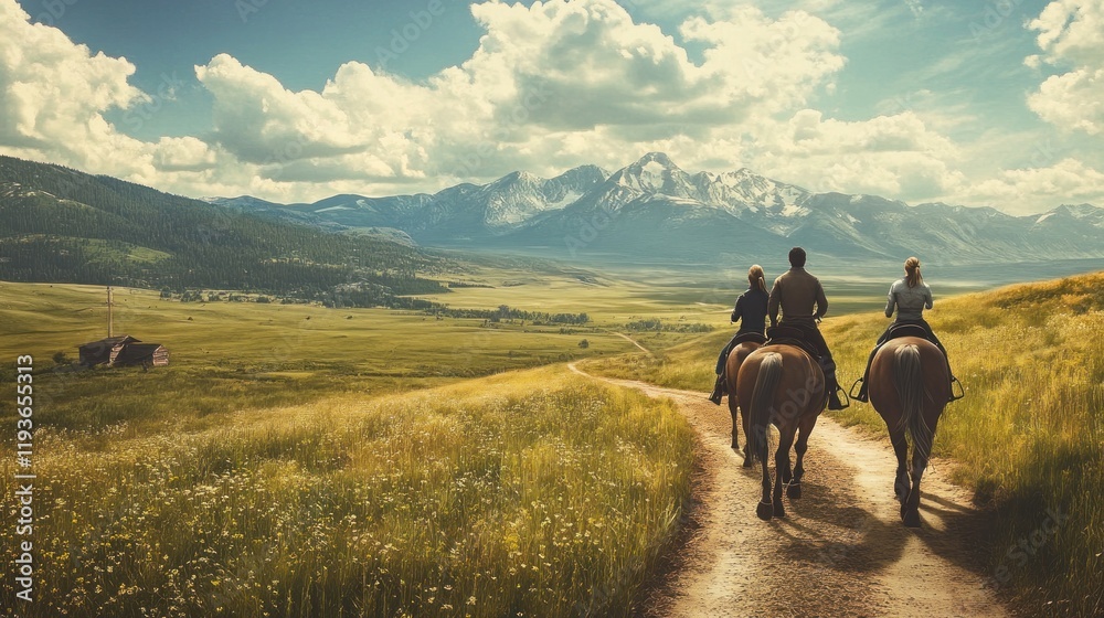 Naklejka premium Three people riding horses along a dirt path in a grassy field with a mountain range in the background