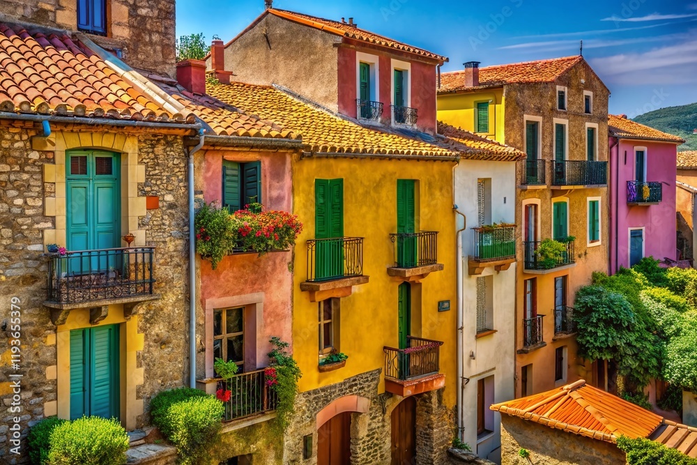 Naklejka premium Old Tile Facades, Collioure Village Architecture - Documentary Photography