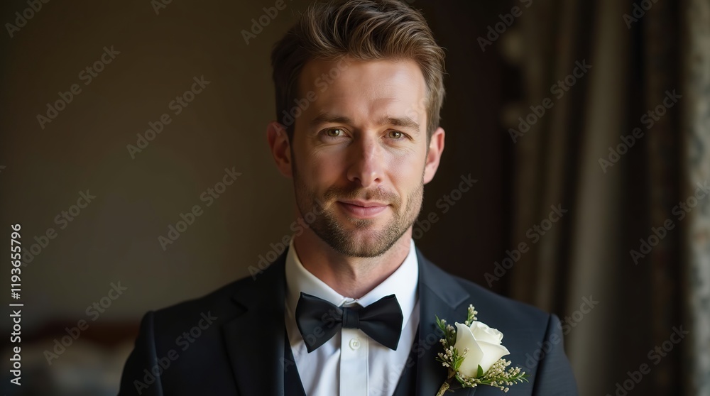 Handsome man in suit with rose flower boutonniere. Handsome man in suit with rose flower boutonniere.