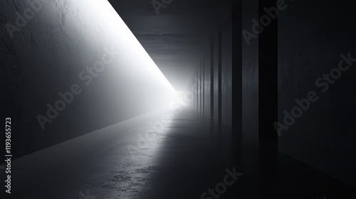 A mysterious and minimalist dark corridor leads to a bright white light, portraying a journey from darkness to light, evoking reflection and curiosity within the viewer. photo