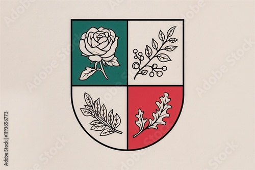 A quartered heraldic shield displays a rose leaves and oak