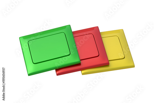 Row of colorful wall mounted electric switcher isolated on white background. Interior element. Light toggle. 3d render