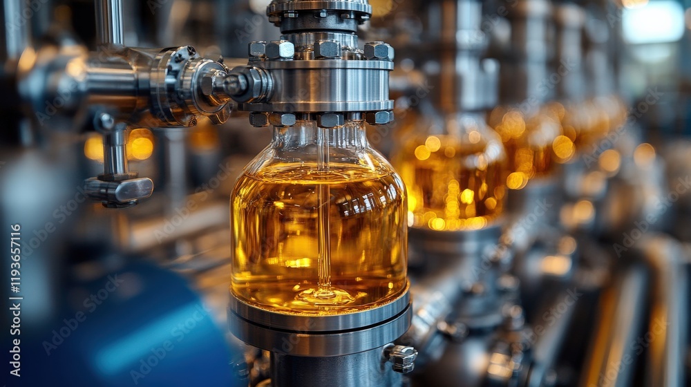 Industrial factory scene with glass bottles filled with amber liquid, showcasing advanced machinery and production processes in a modern manufacturing environment Industrial factory scene with glass bottles filled with amber liquid, showcasing advanced machinery and production processes in a modern manufacturing environment