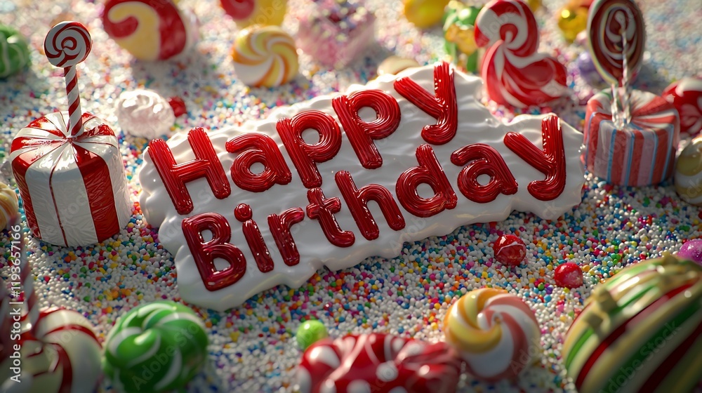 Obraz premium Happy Birthday message in red frosting surrounded by colorful candies and sprinkles.