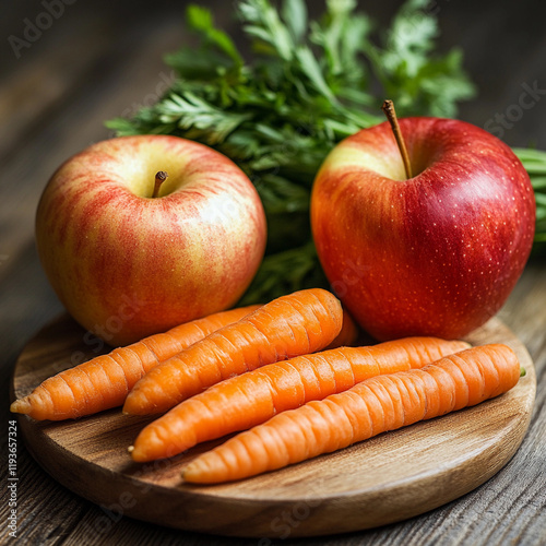 Fresh produce arrangement featuring apples and carrots on a wooden board in a bright kitchen setting