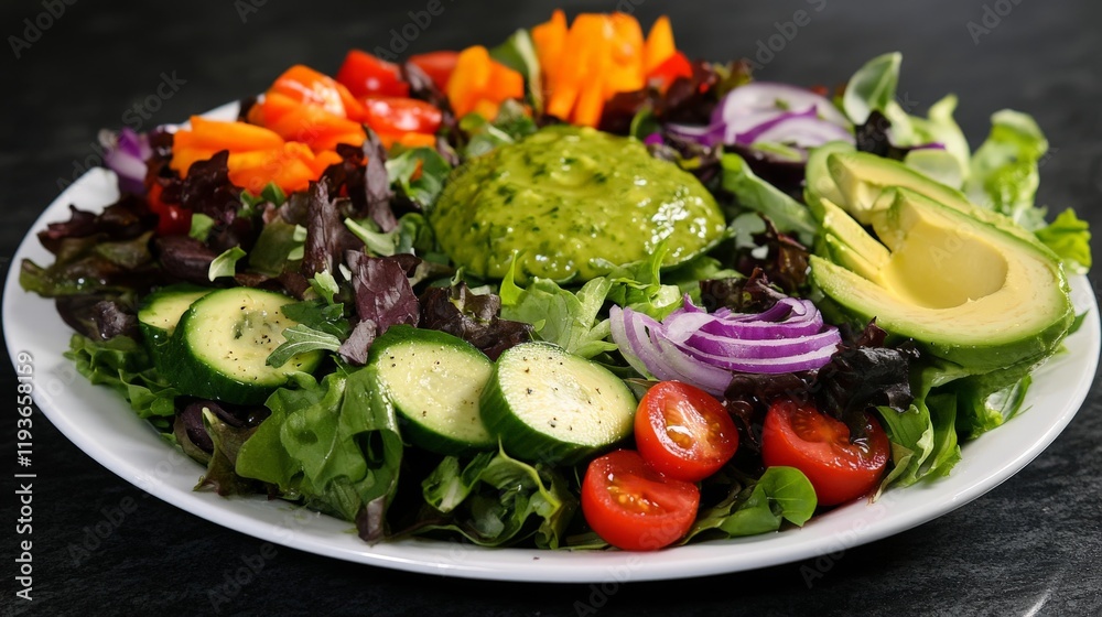 Fresh vegetable salad with avocado, cherry tomatoes, and green dressing Fresh vegetable salad with avocado, cherry tomatoes, and green dressing