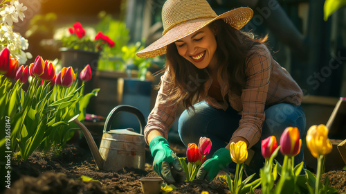 A smiling woman wearing a sunhat and gloves is planting vibrant tulips in a sunlit garden, radiating joy and passion for gardening and outdoor activities. Concept of gardening and spring renewal