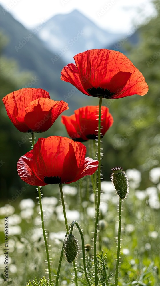 Fototapeta premium Spring meadow showcases radiant red poppies alongside delicate white wildflowers with rolling hills in the blurred background