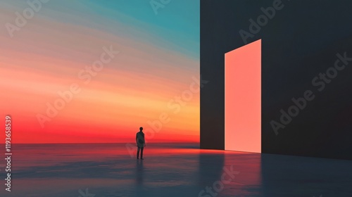 A striking image showcasing a vast, mystical door opening onto vibrant skies, with a lone silhouetted figure standing in anticipation before the warm horizon. photo