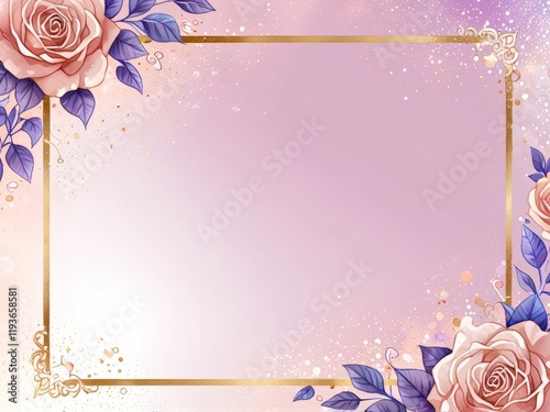 Elegant Floral Frame with Pink Roses and Purple Leaves on Gradient Background