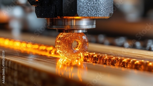 Close-up of a high-precision laser cutting machine shaping a transparent resin object on a workshop table