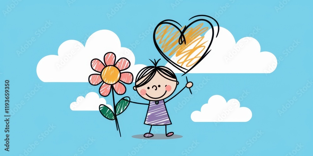 Happy Child Holding Flower and Heart Shaped Balloon Happy Child Holding Flower and Heart Shaped Balloon