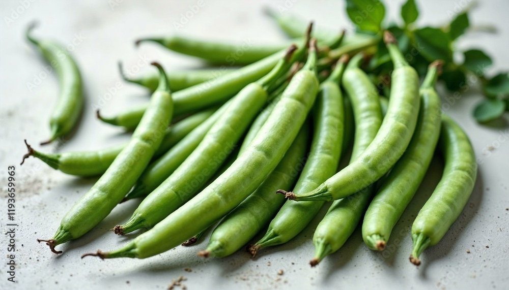 Fresh green bean pods with detailed textures displayed on a clean white surface Fresh green bean pods with detailed textures displayed on a clean white surface