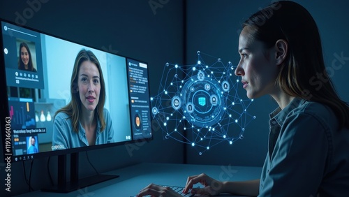 A woman engrossed at her desk, gazing right with a poised hand on the keyboard; her long dark hair cascades freely. Dressed in a crisp blue button-down, she exudes focus against the backdrop of her co photo