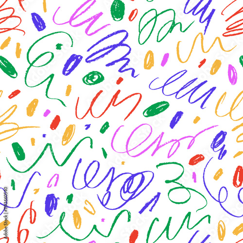 Fun colorful line doodle seamless pattern. Crayon drawn squiggles, blobs and rough thin swirls. Hand drawn childish confetti background. Vector childish multi colored scribbles texture.