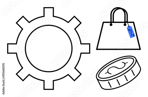 Gear symbolizing industry, shopping bag with price tag denoting retail, and coin indicating finance or budgeting. Ideal for business, commerce, industry, economy, finance shopping trade. Abstract