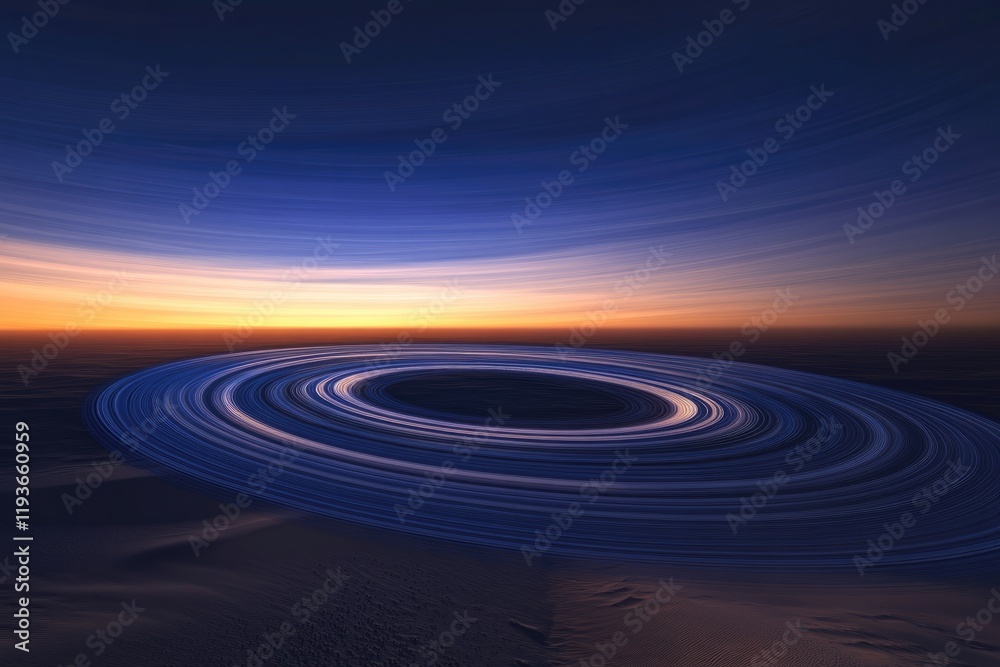 Fototapeta premium Abstract artwork depicting a swirling, circular form on a desert landscape under a twilight sky.
