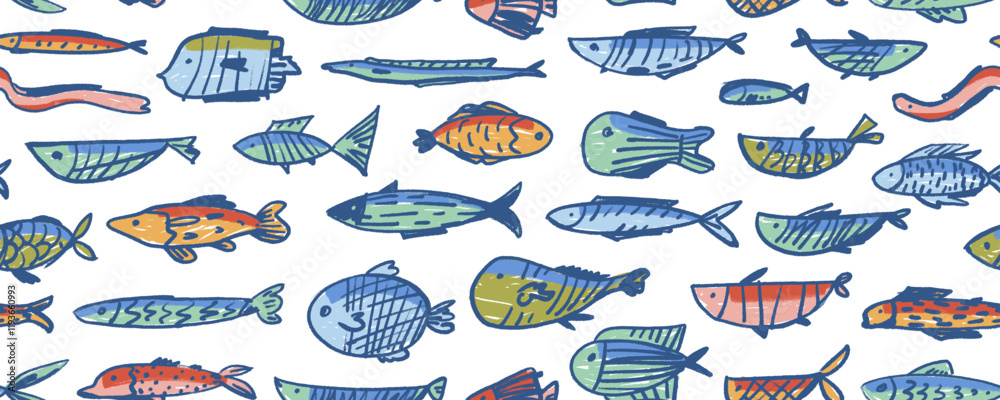 Cute seamless pattern with various fishes. Crayon drawn colorful school of fish. Marine kids background.