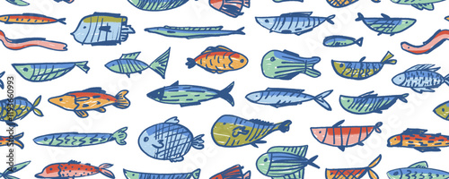 Cute seamless pattern with various fishes. Crayon drawn colorful school of fish. Marine kids background.