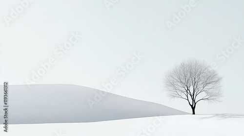 A minimalist winter scene depicting a single bare tree on a snow-covered hill under a pale sky, highlighting simplicity and desolation with crisp, clean lines. photo