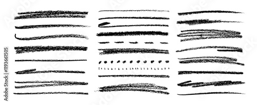 Collection crayon drawn straight lines and pencil strokes. Horizontal rough dry lines, doodle charcoal strokes. Chalk straight scribbles for underlining text or hand drawn notes. Rough highlighters.