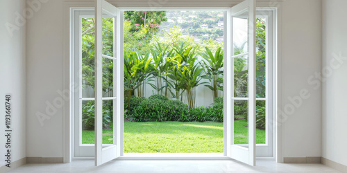 View of back yard from inside house, open french style doors leading to a courtyard garden with plants. Gardening 